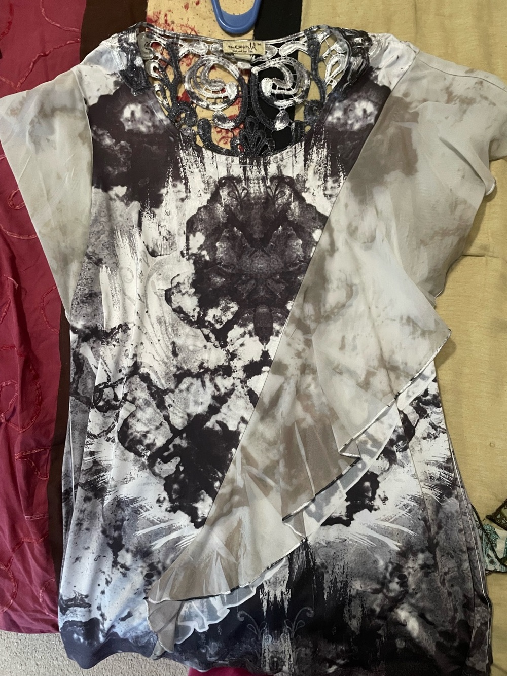 Oneworld Black & White Embellished Chiffon Overlay Tunic